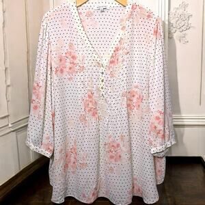 Rose + Olive Top Size 3x Pretty In Pink & Polka Dots Pleated Front Popover